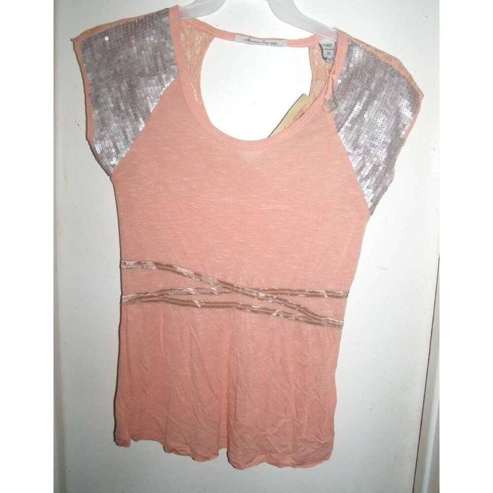 American Rag Cie Muted Clay Lace Sequins on Shoulders Top Shirt XL New NWT